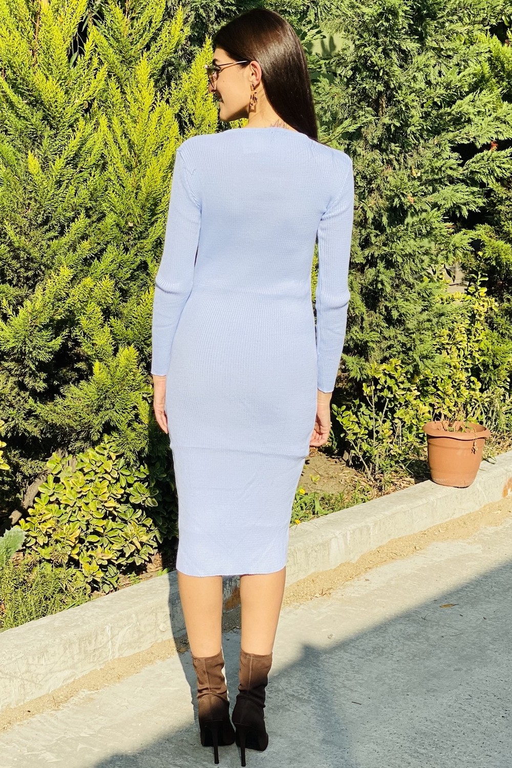 Kare Yaka Uzun Triko Elbise/Mavi